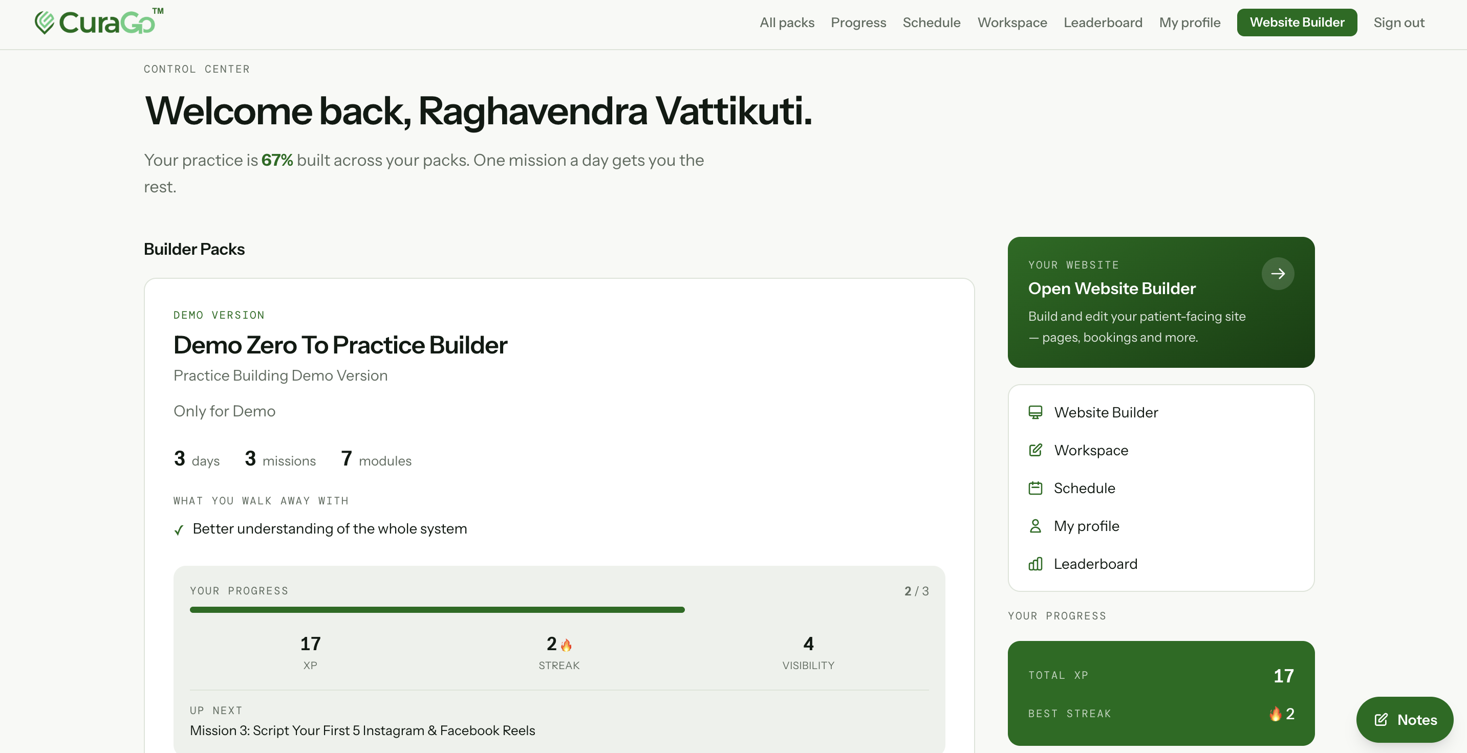 Zero to Practice Builder — your control center